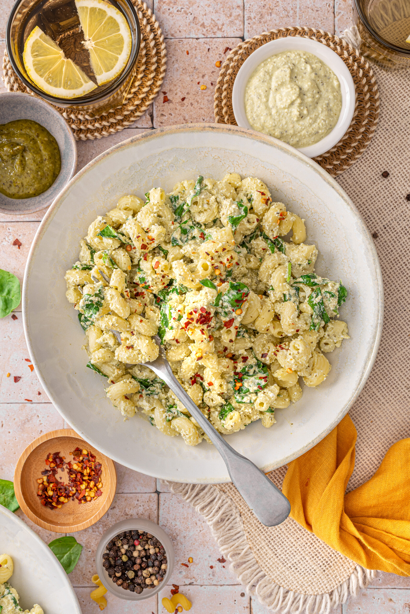 this is a top view of my easy & Healthy High Protein Creamy Pesto Pasta Salad