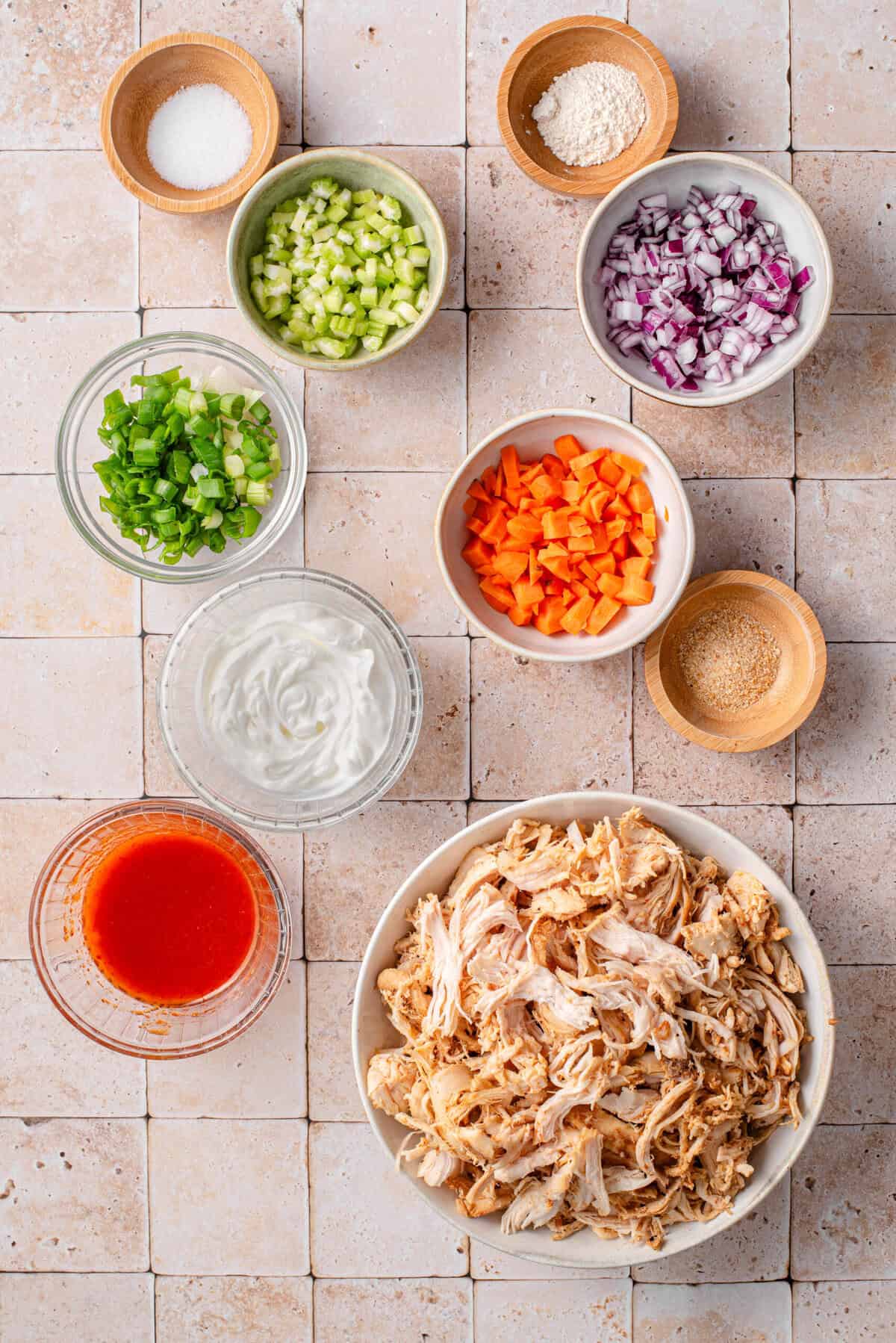 All ingredients used for buffalo chicken wraps.