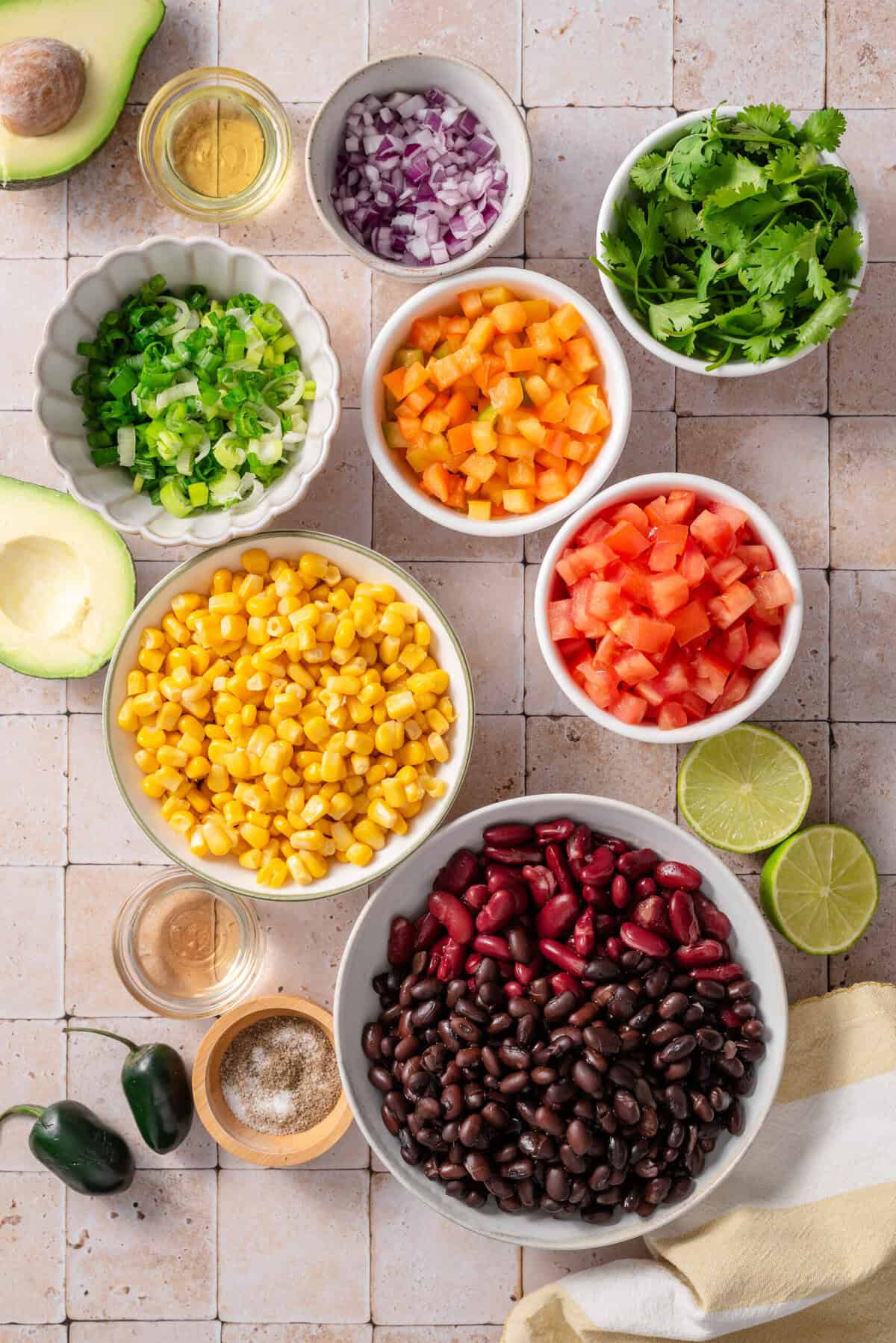 Overhead shot of all ingredients used for the cowboy caviar salad.
