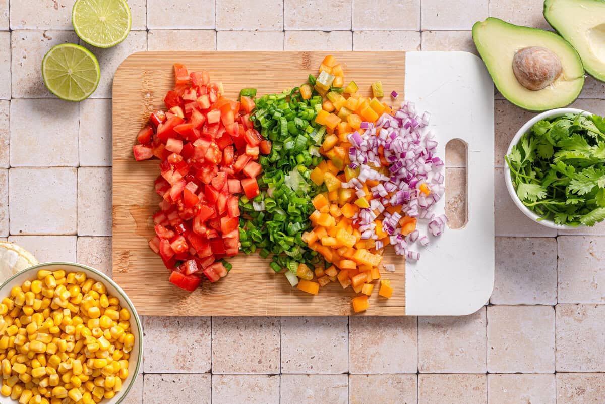 Overhead shot of chopped vegetables.