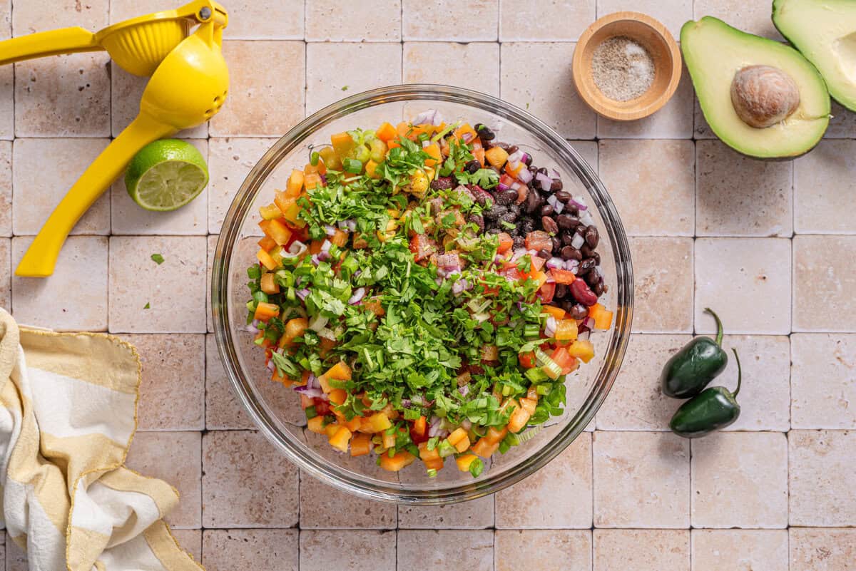 Overhead shot of all chopped ingredients in bowl.
