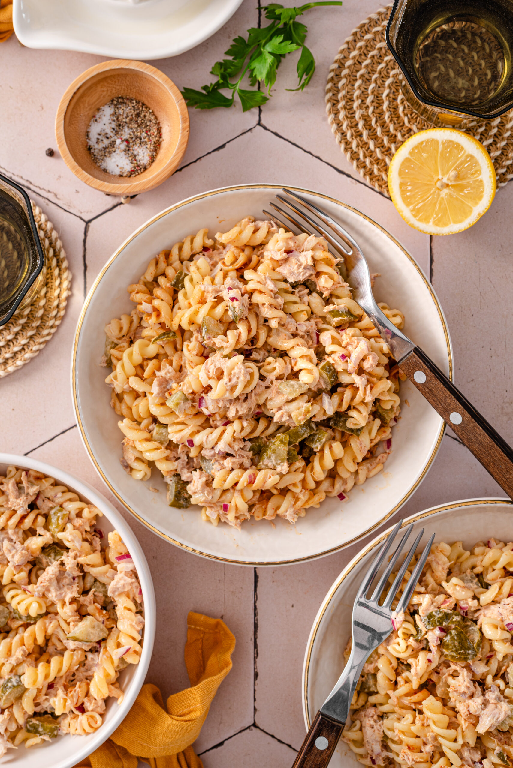 this is an overhead view close up of my easy and healthy dill pickle pasta salad. 