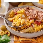 Descriptive photo of my tuscan pasta salad.