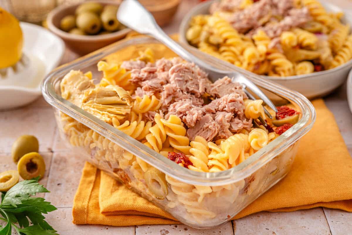 Side angle shot of the tuscan pasta salad ready to enjoy.