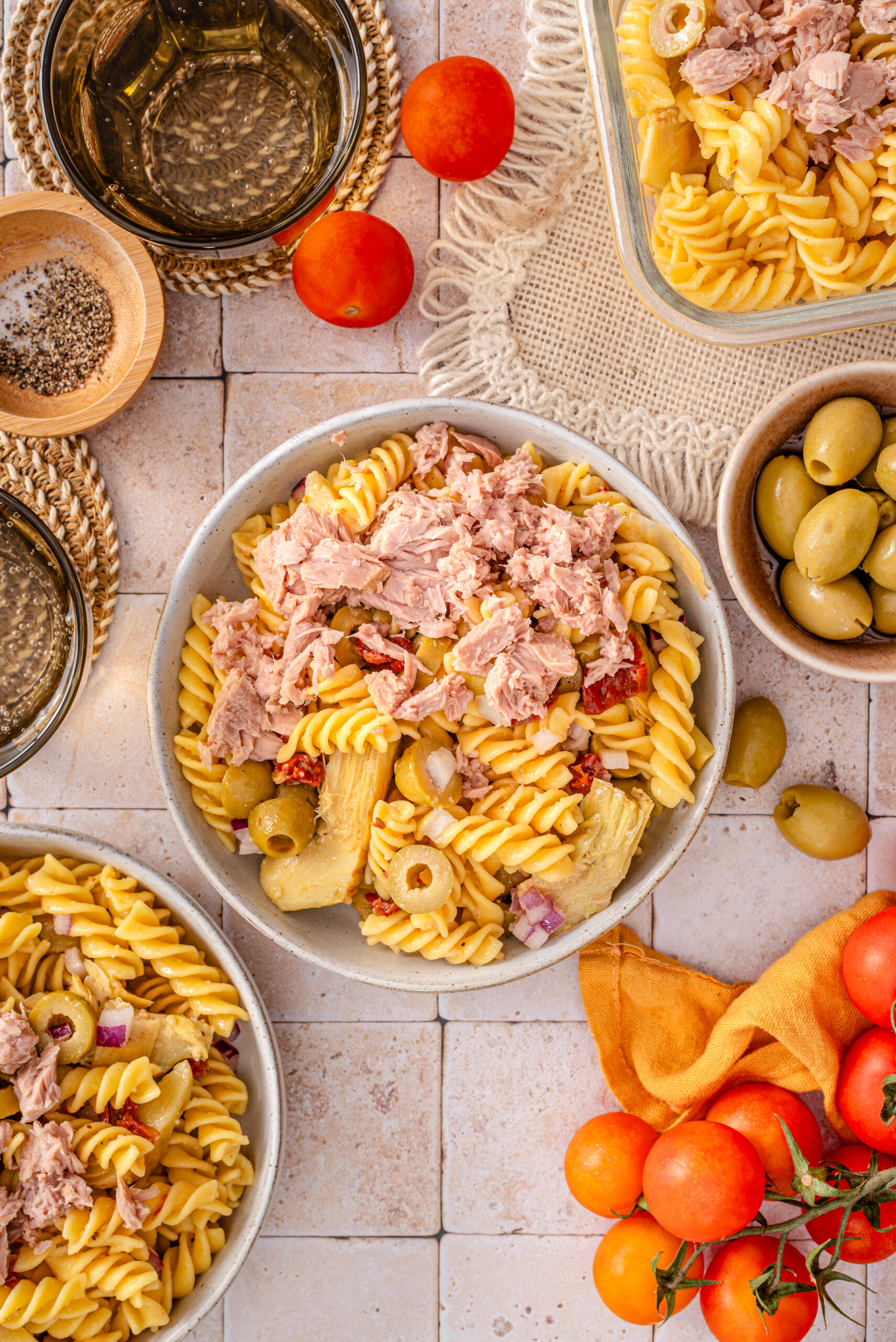 Overhead shot of my tuscan pasta salad.