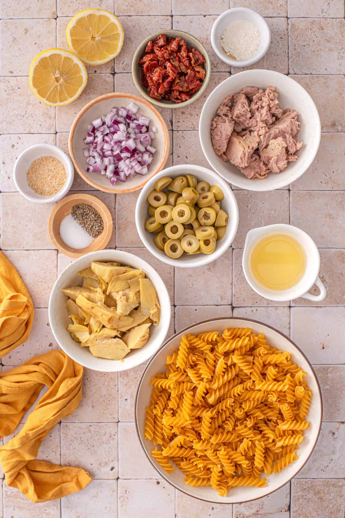 Overhead shot of the ingredients needed to make my tuscan pasta salad.