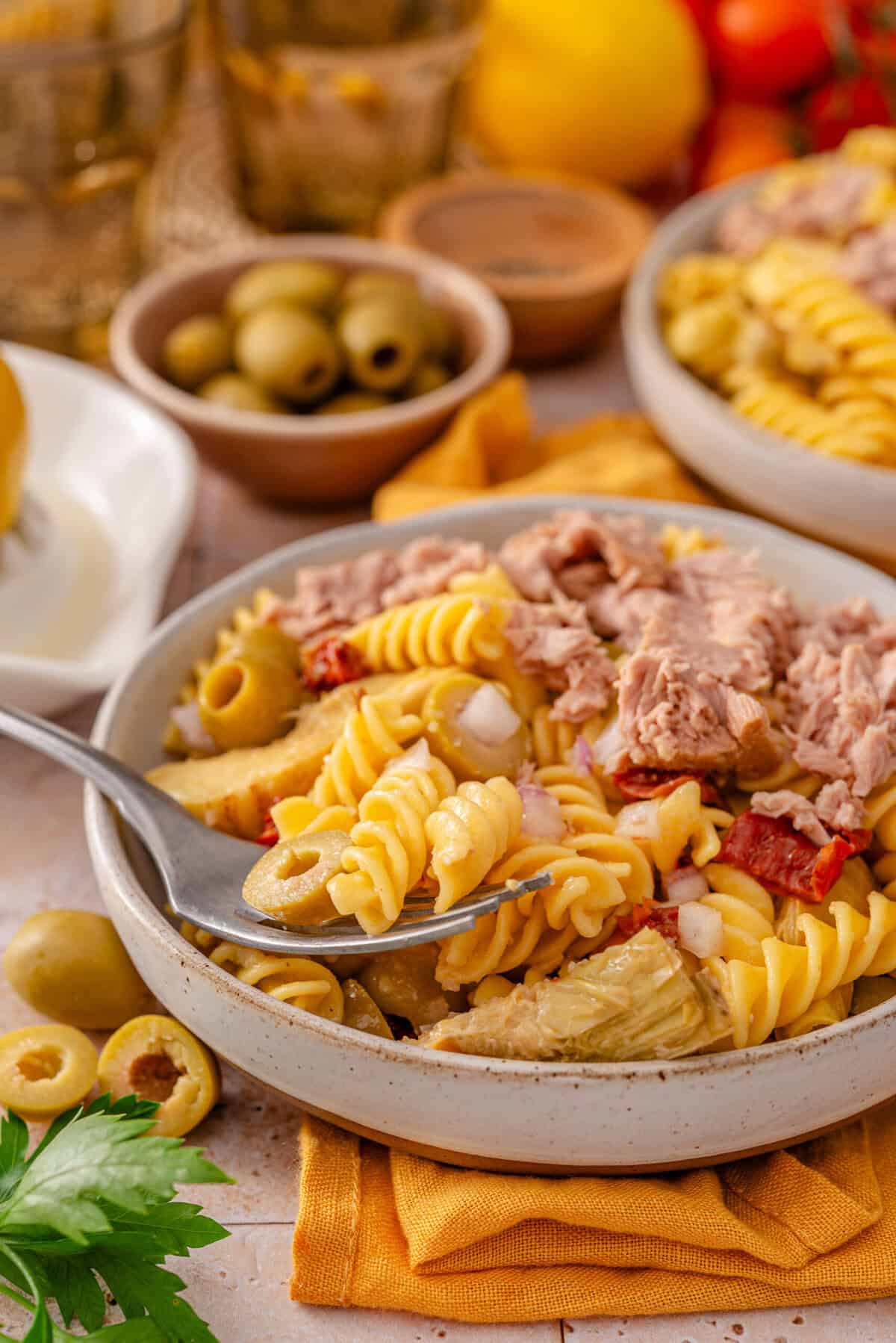 Sideview picture of my tuscan pasta salad.