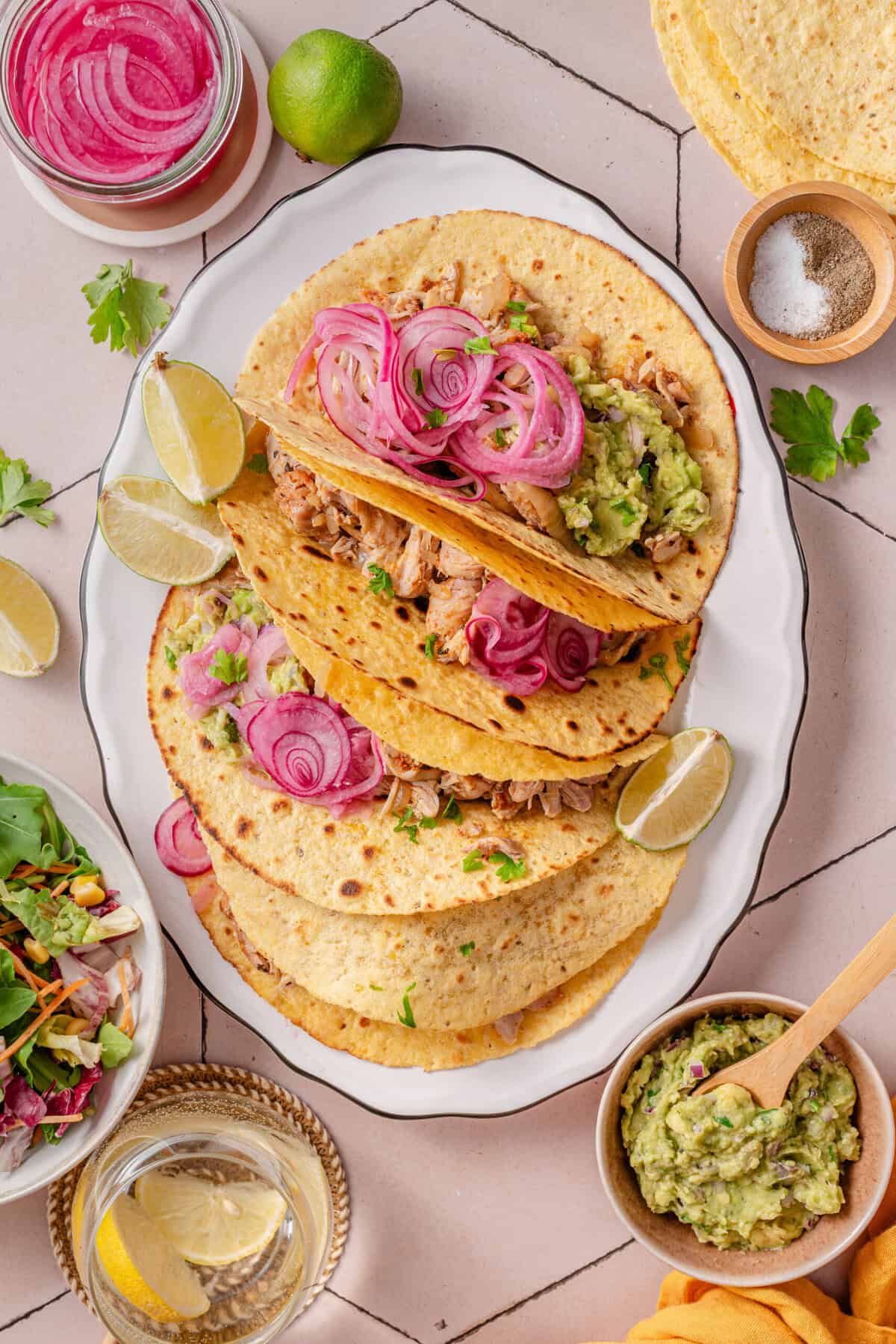 Overhead shot of my chicken Tinga tacos.