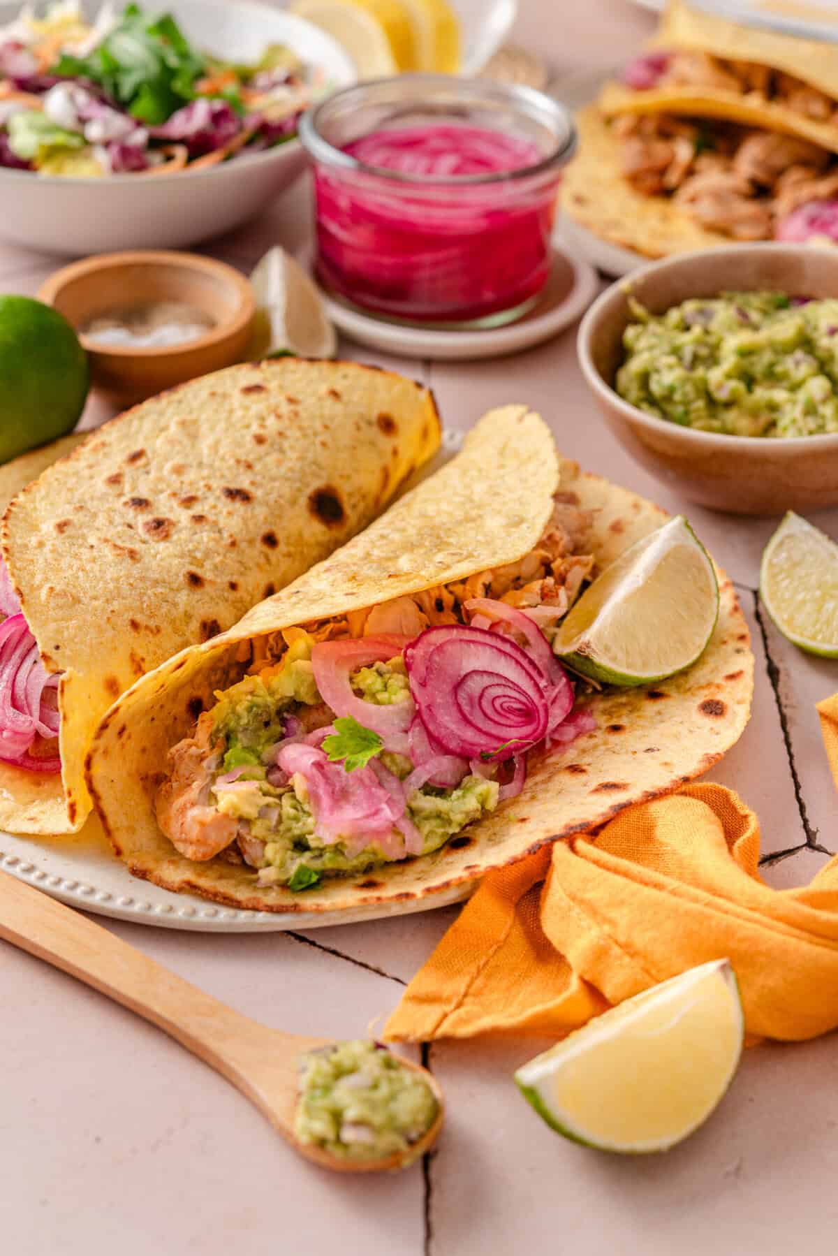 Side shot of my chicken Tinga tacos.