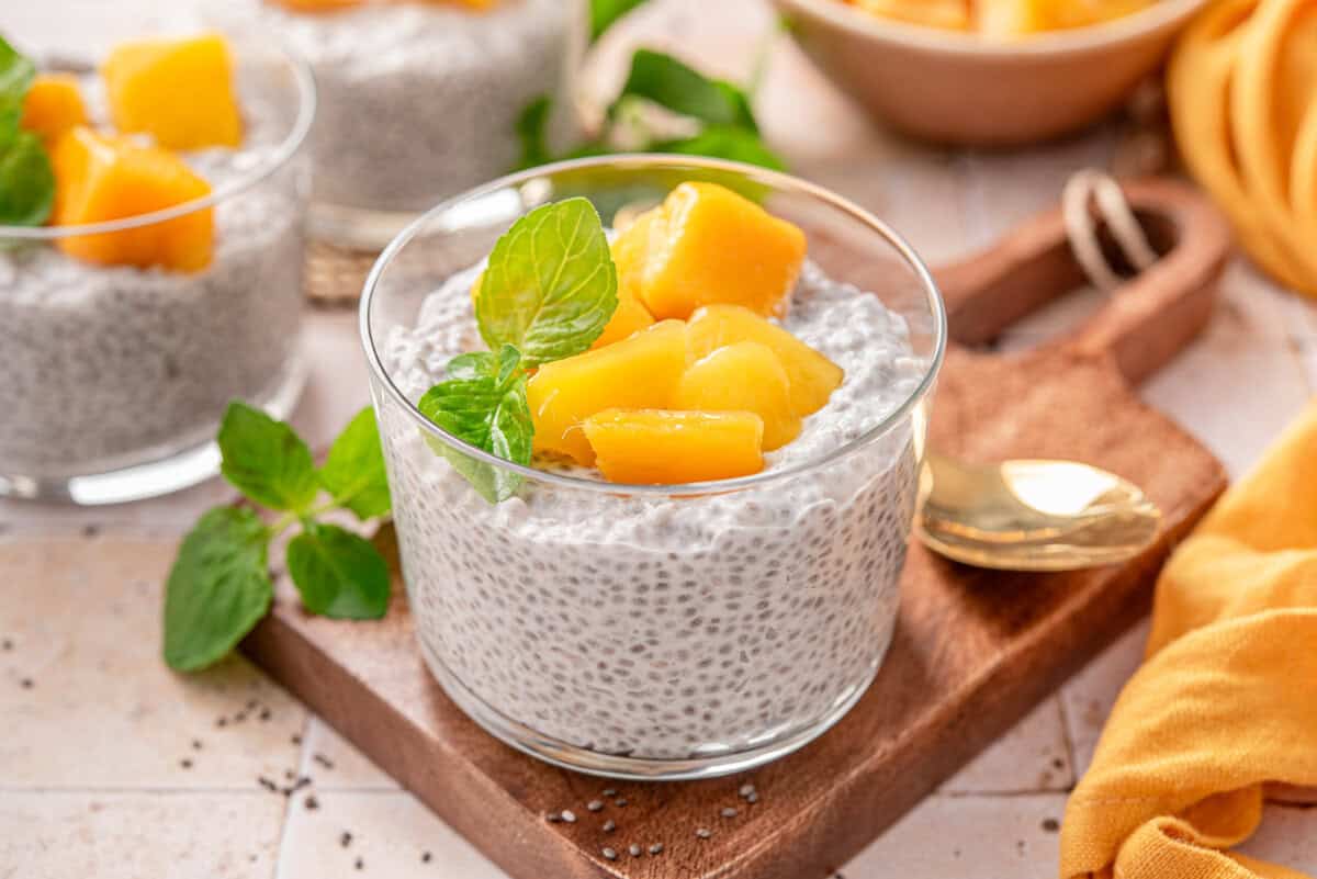 Side shot close up of my creamy coconut chia pudding served.