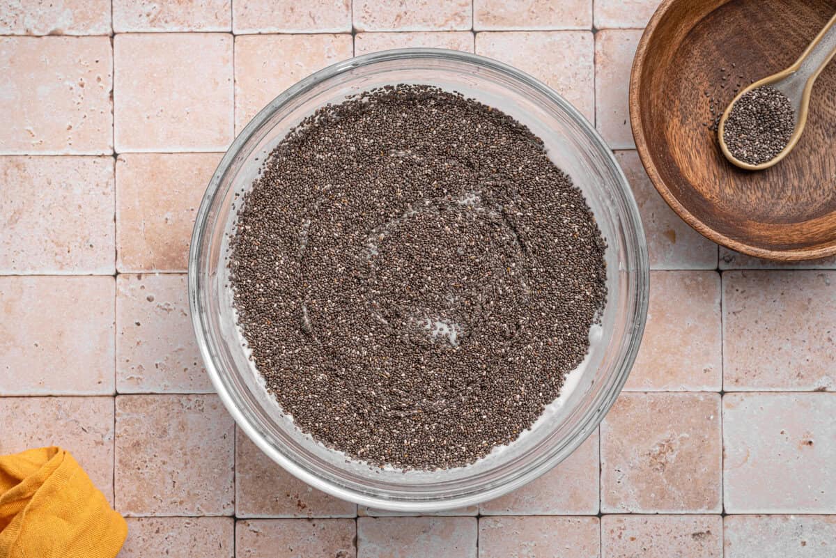 Overhead shot of chia seeds soaked in coconut milk.