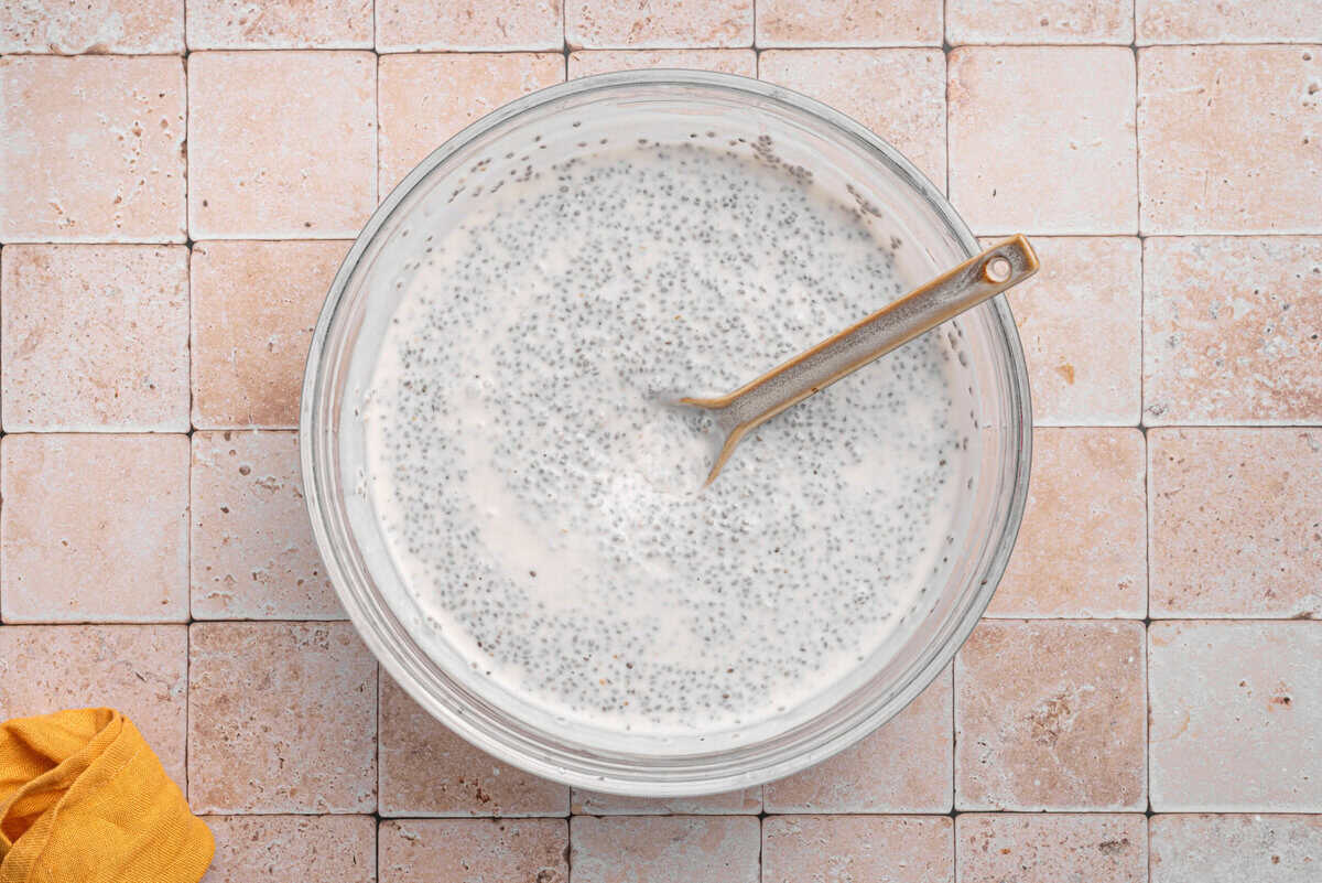 Overhead shot of all ingredients mixed for chia pudding.