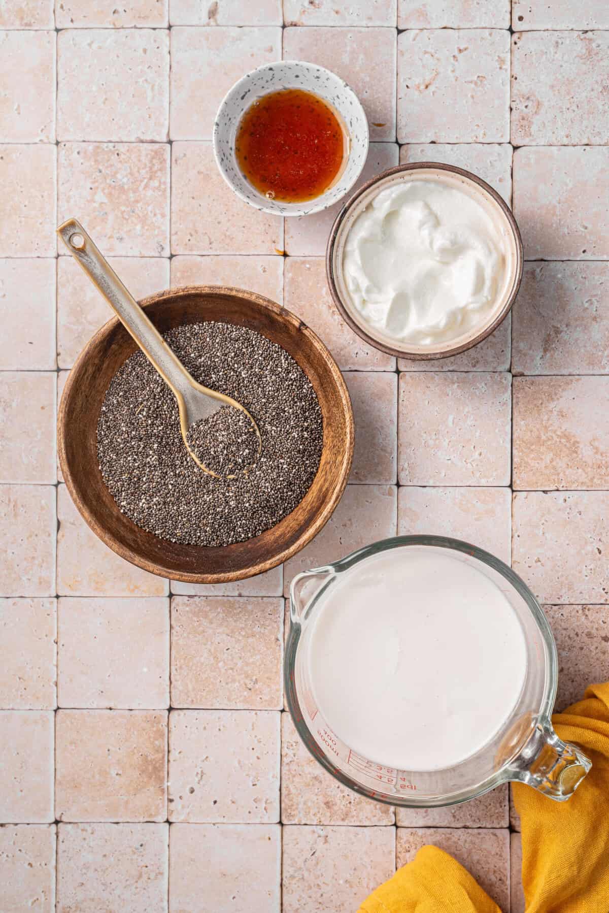 All ingredients needed to make creamy coconut chia pudding.