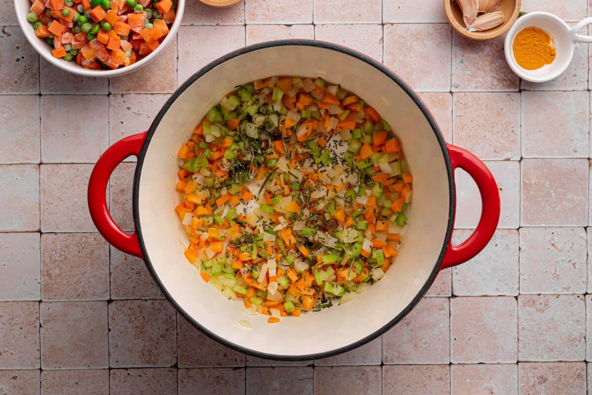 Overhead shot of ingredients in dutch oven.