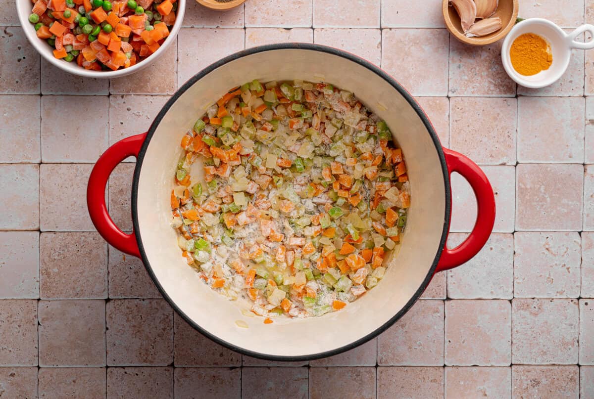 Overhead shot of ingredients in dutch oven with flour.