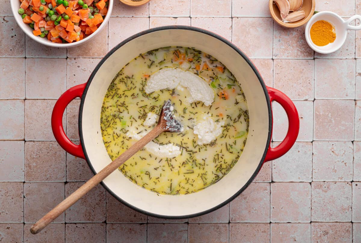 Overhead shot of ingredients in dutch oven.