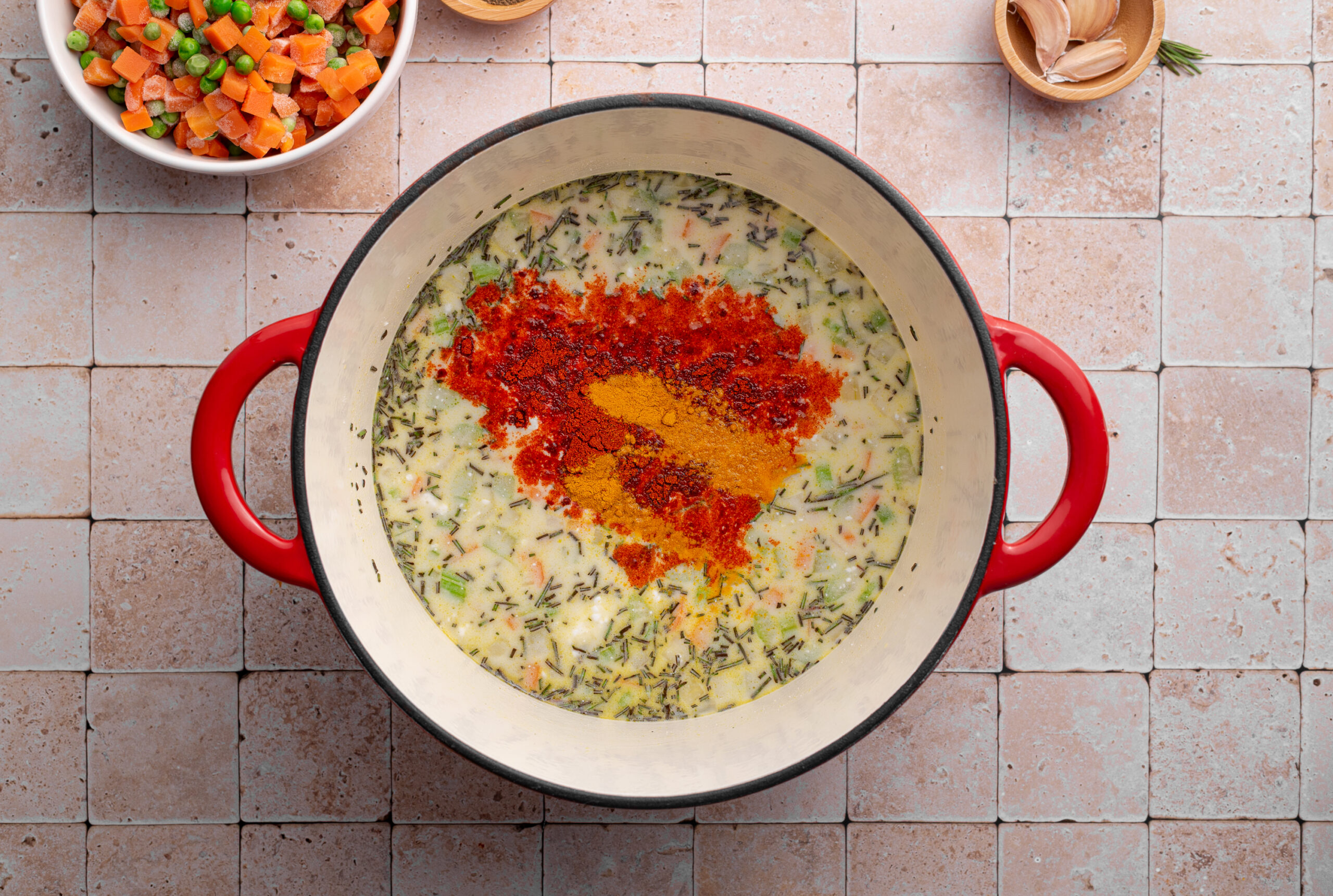 Overhead shot of ingredients in dutch oven.