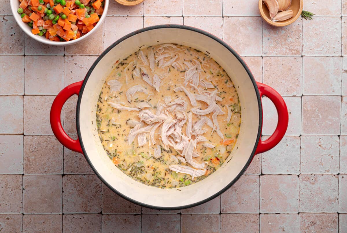 Overhead shot of ingredients in dutch oven with added chicken.