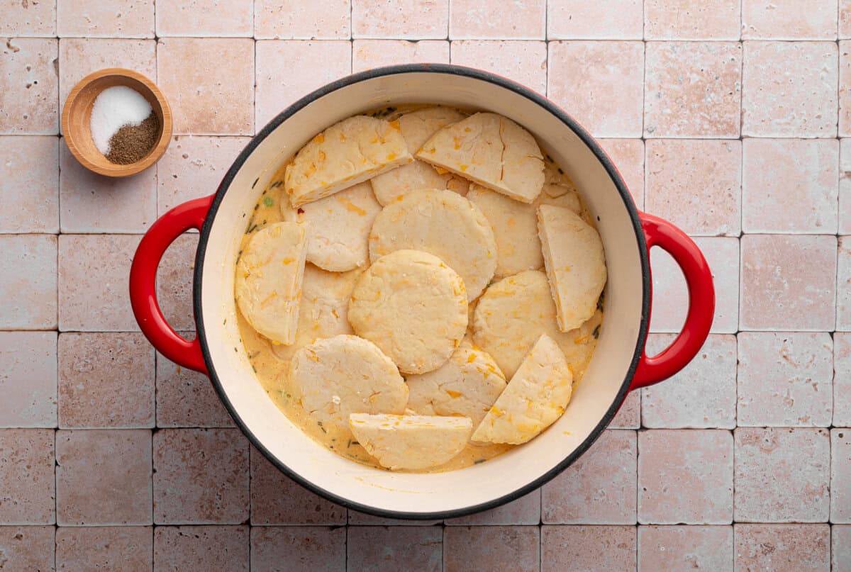 Overhead shot of ingredients in dutch oven topped with biscuits.