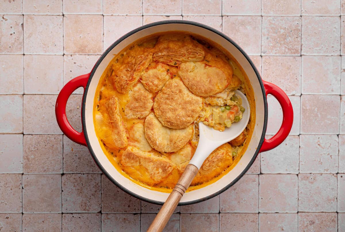 Overhead shot of chicken pot pie baked.