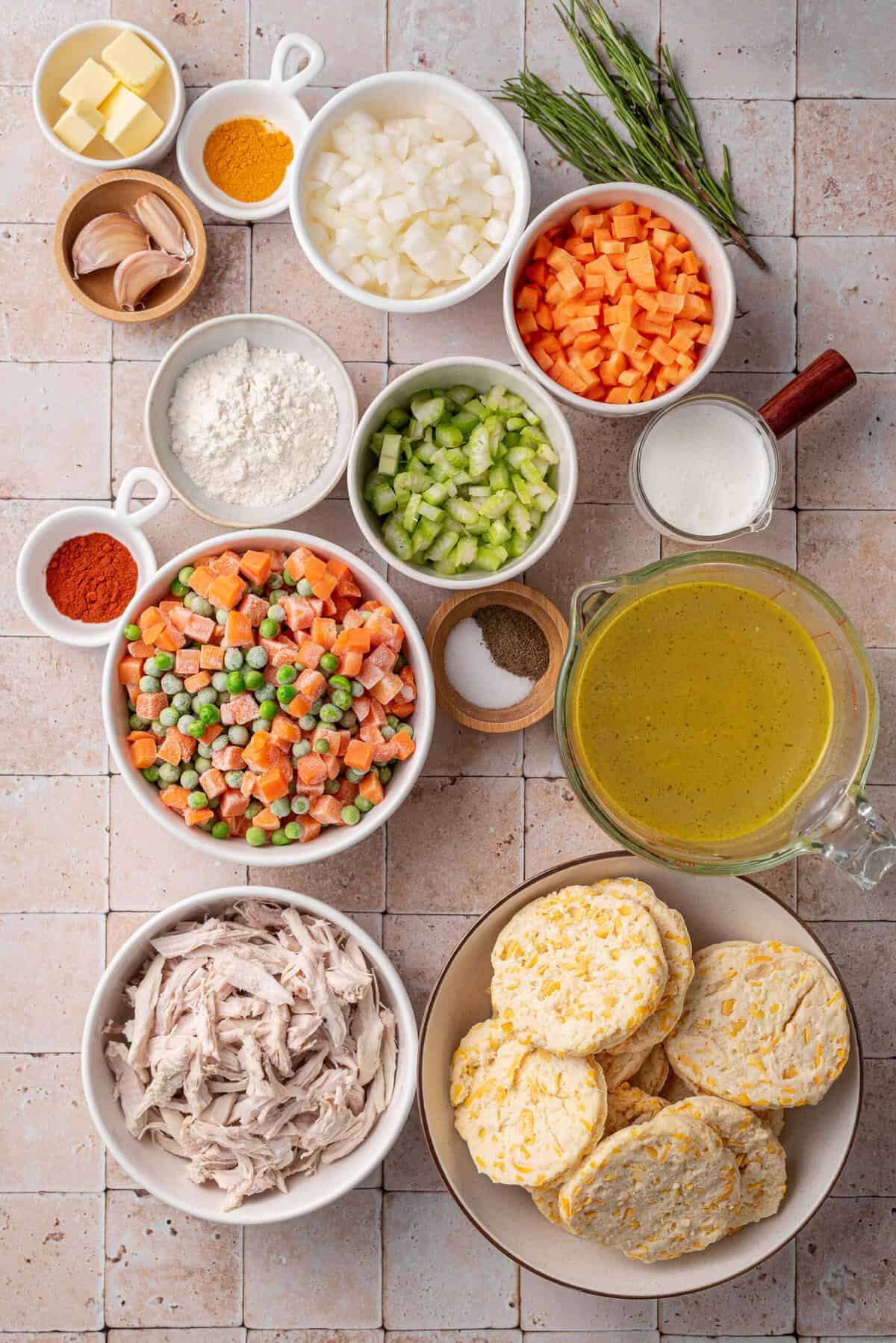 Overhead shot of ingredients needed for chicken pot pie.