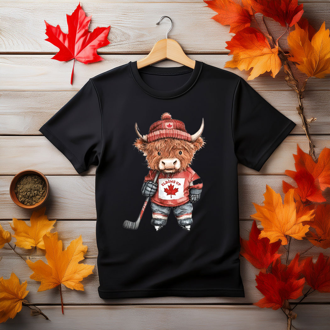 Elbows Up Canada, Highland Cow Hockey Player Shirt