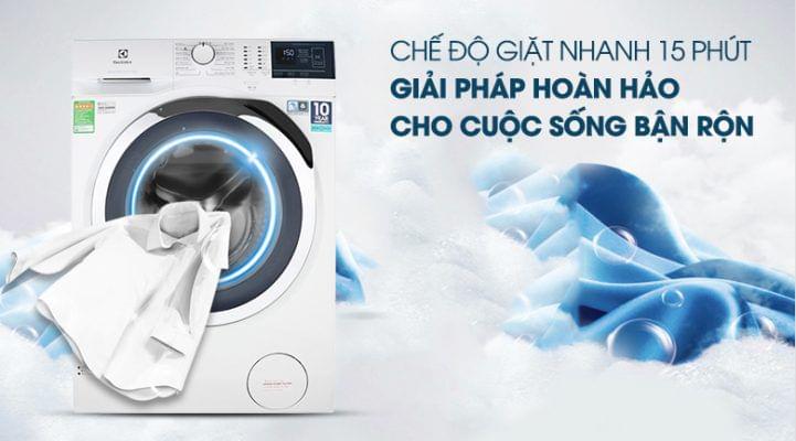 Washer machine with built-in washing program and laundry detergent, promoting Electrolux warranty services for reliable appliance maintenance and support.