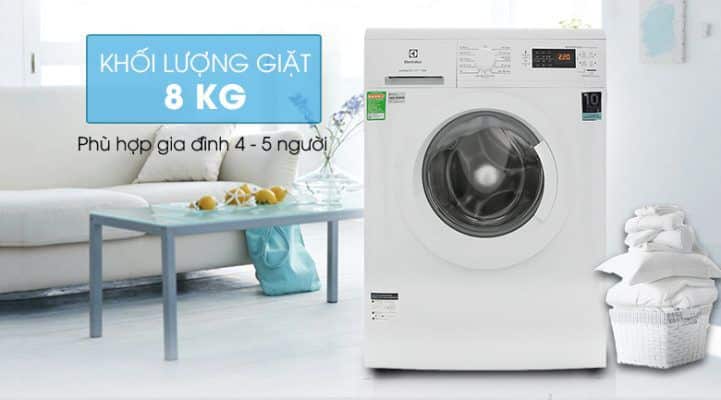 Electrolux washing machine with 8kg capacity, energy-efficient, modern design, ideal for families of 4-5 people, showcasing reliable warranty and after-sales service in Vietnam.