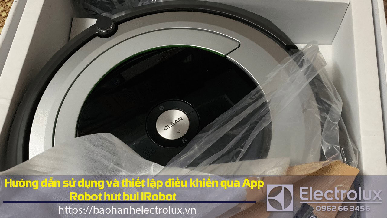 Robot vacuum cleaner on packaging box for Electrolux warranty service.