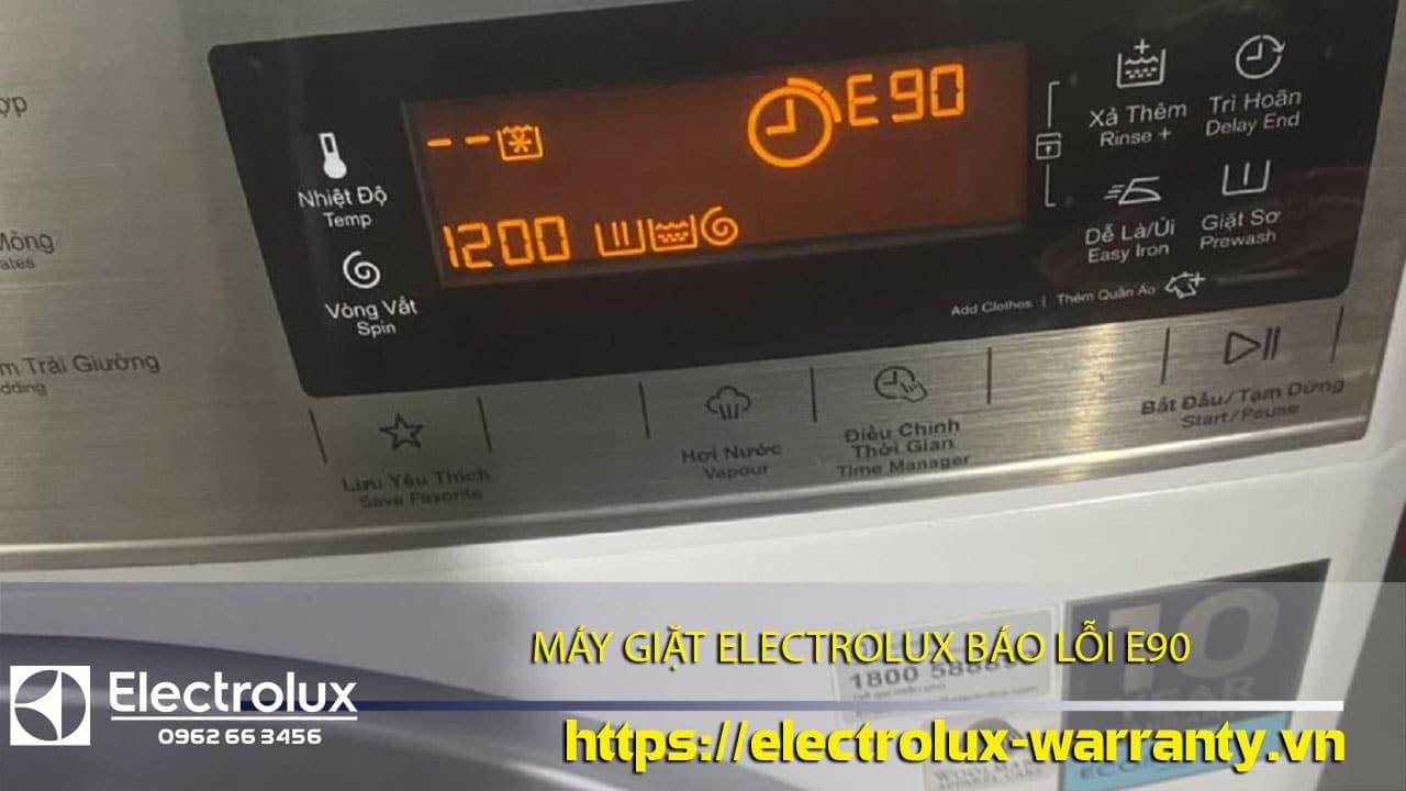 High-tech Electrolux washing machine control panel with E90 error code and temperature settings, highlighting Electrolux warranty support and repair services for appliance issues.