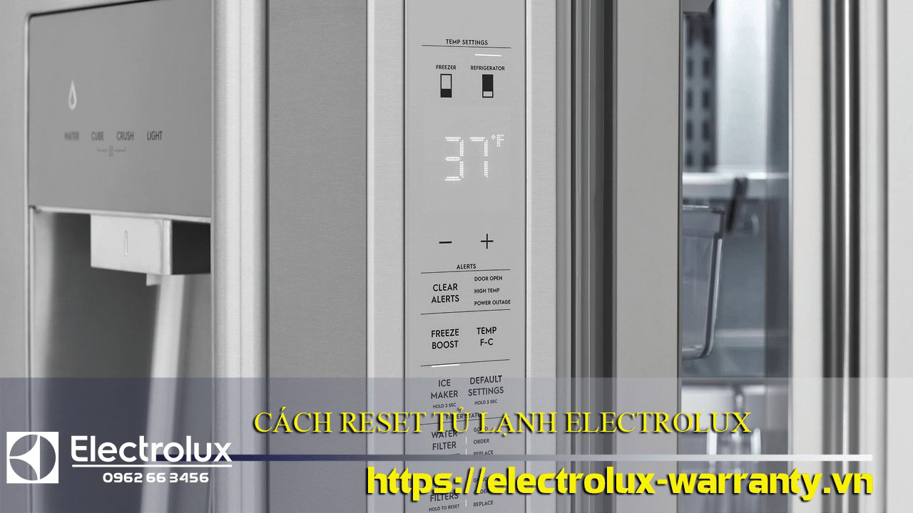 Digital control panel of Electrolux refrigerator showing temperature settings and alert indicators.