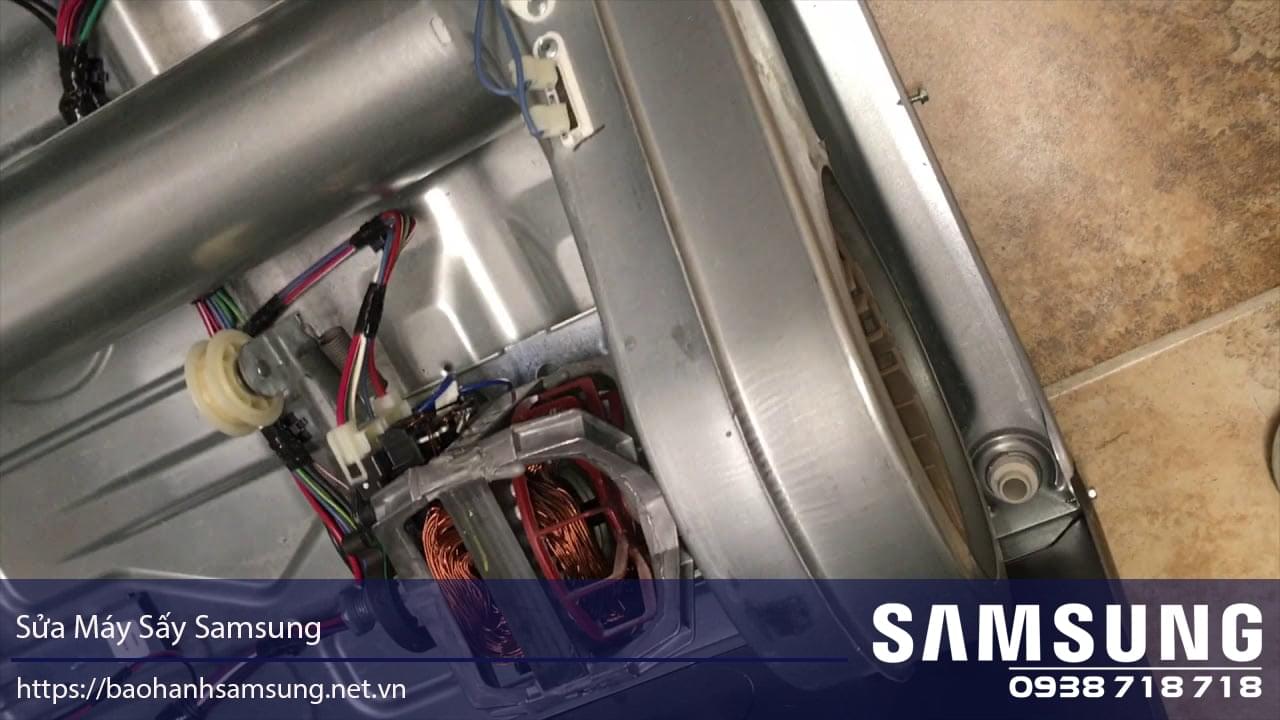 High-quality image of Samsung dryer internal components, showcasing repair process and electrical wiring for appliance maintenance and warranty services.