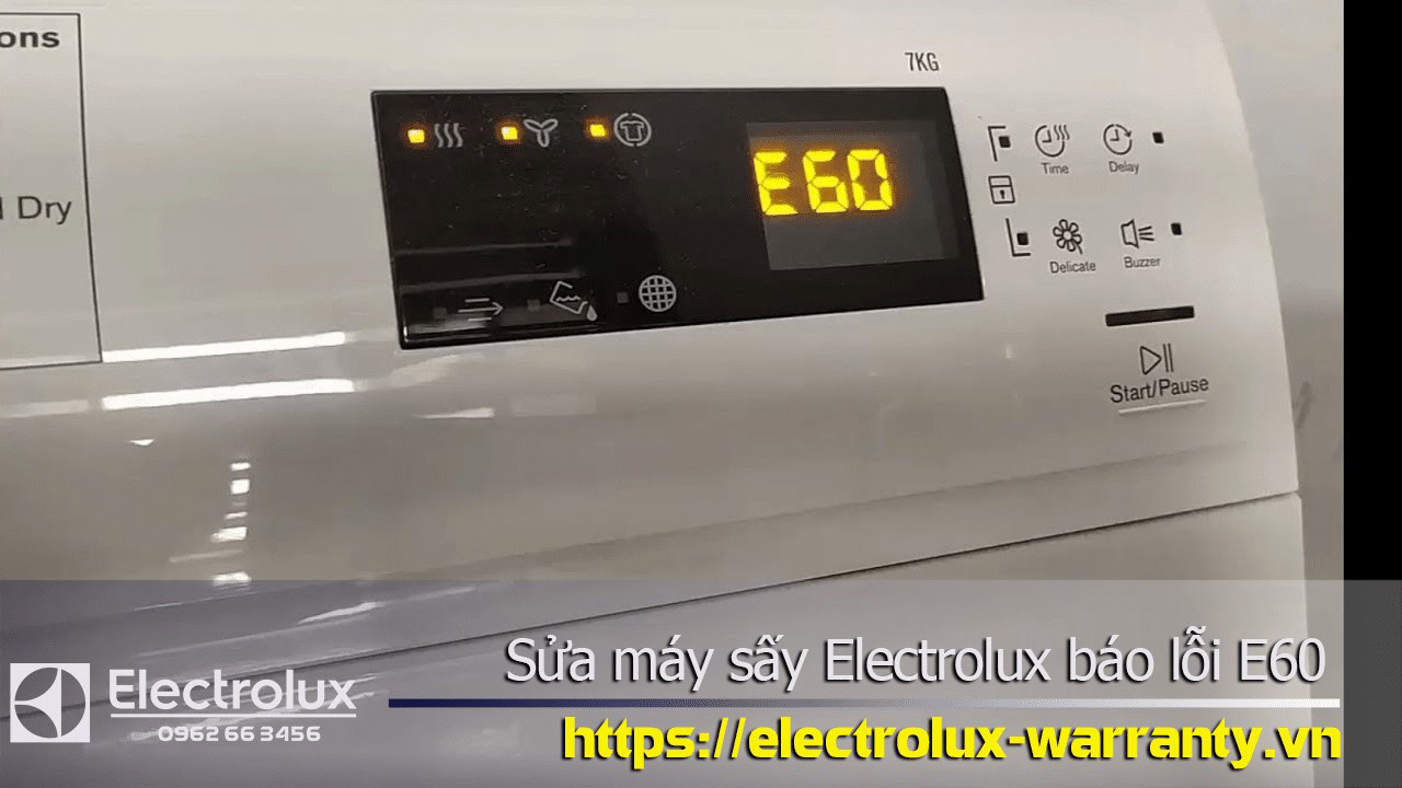 Error code E60 on Electrolux dryer display indicating a fault with the motor or electrical components.