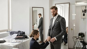 Groom in tailored suit during wedding fitting with bride in elegant dress.