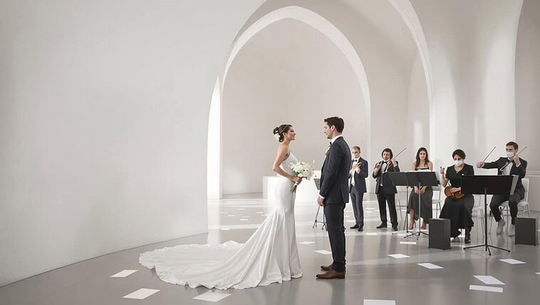 Elegant wedding ceremony with bride and groom exchanging vows in a minimalist, white architectural s.