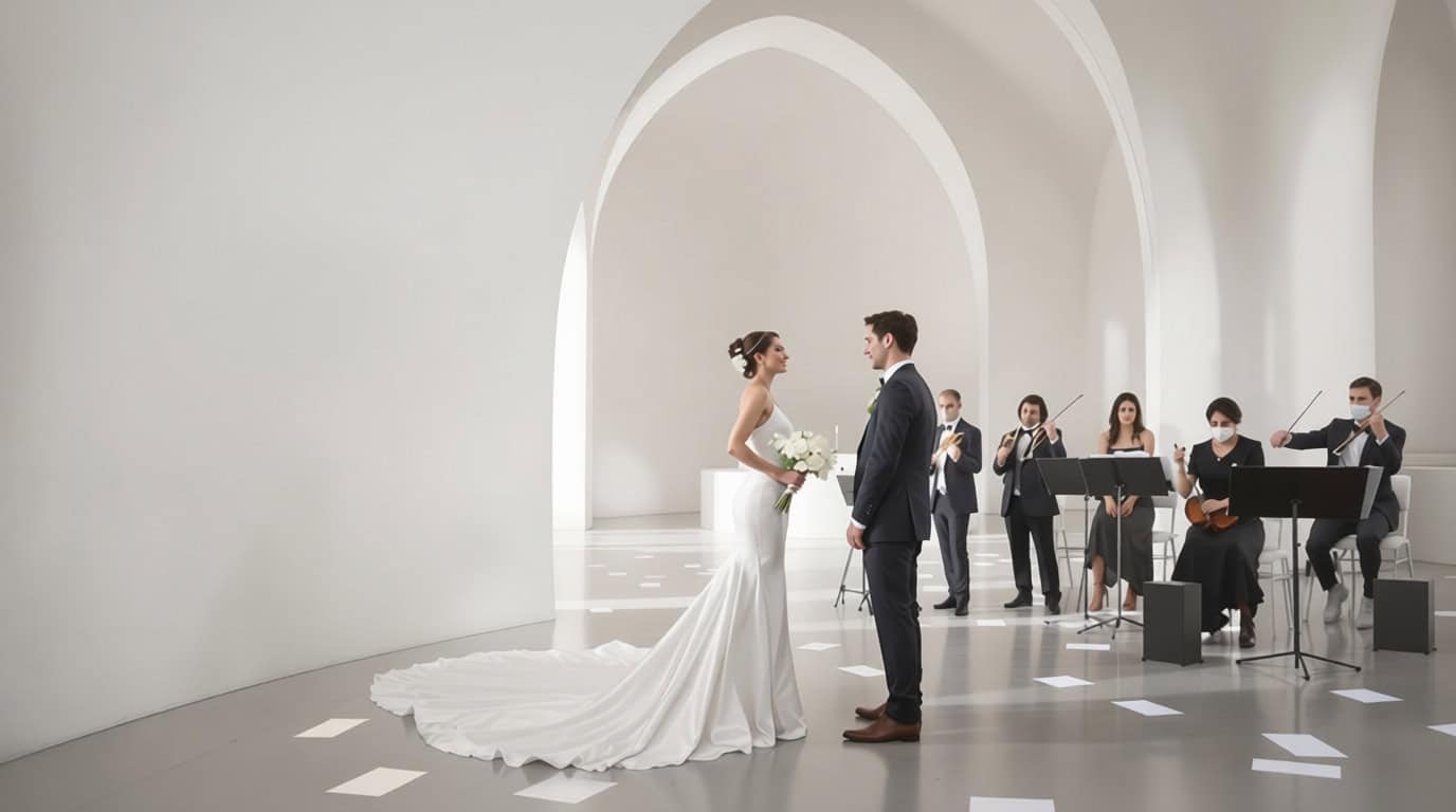 Elegant wedding ceremony with bride and groom exchanging vows in a minimalist, white architectural s.