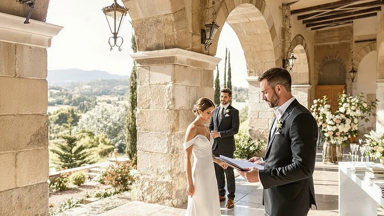 Bride and groom exchanging vows outdoors under stone arches with scenic landscape background.