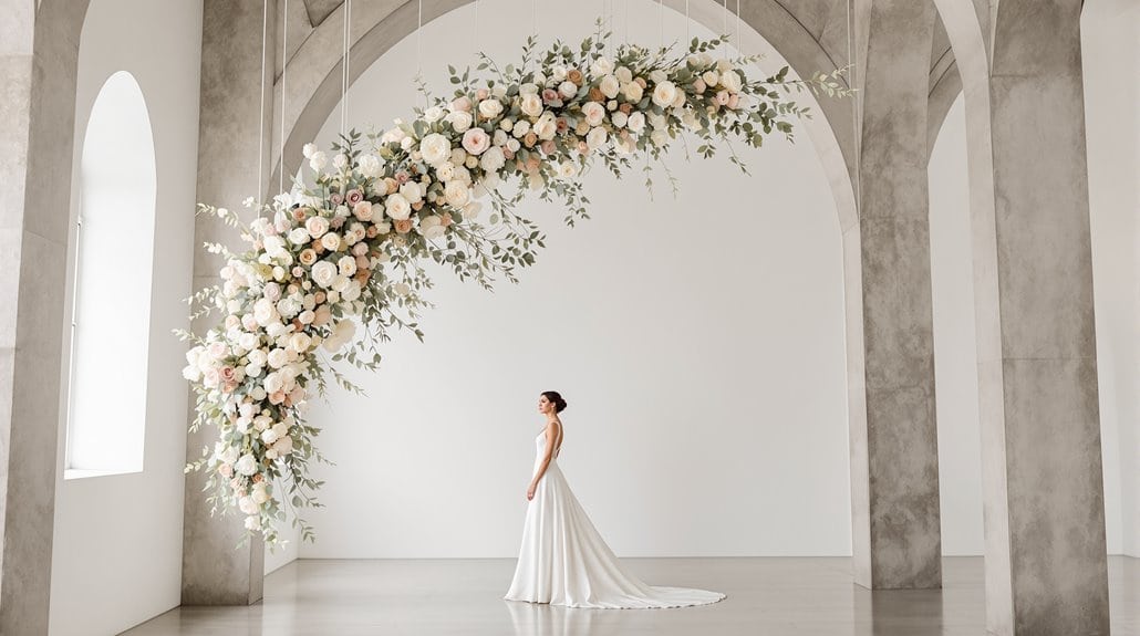 Bridal wedding arch with lush floral arrangement at a modern venue.