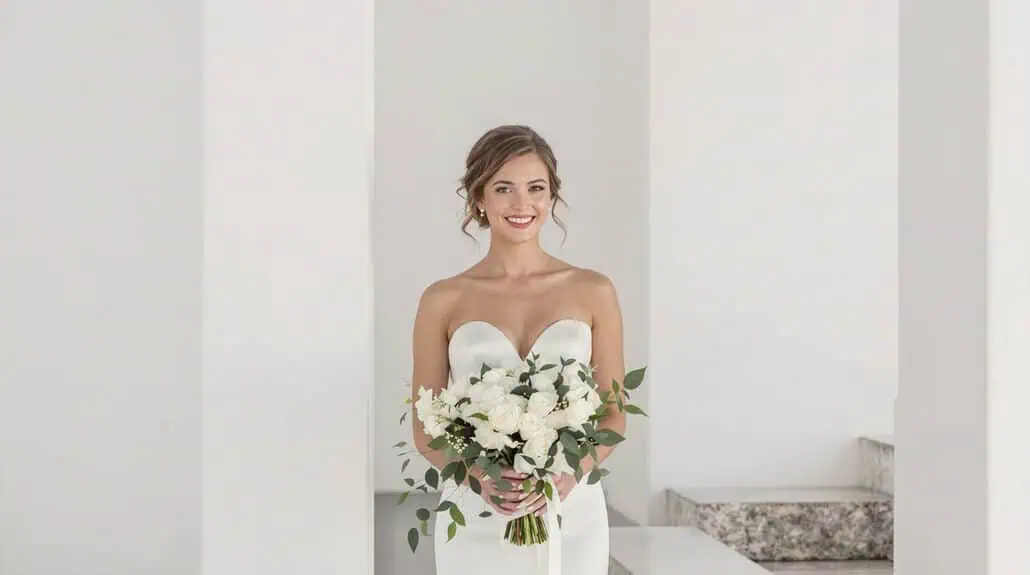 Beautiful bride holding a white bouquet in a modern, minimalist wedding setting.