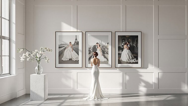 Bride in elegant wedding dress standing in art gallery with framed photos.