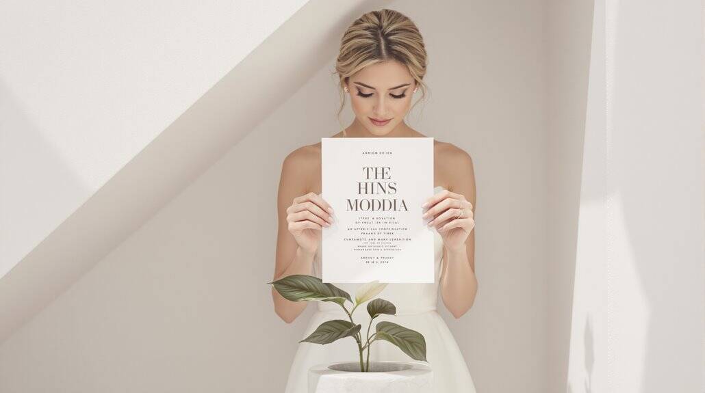 Bride holding wedding invitation with a plant in a white pot, standing in a bright, minimalistic roo.