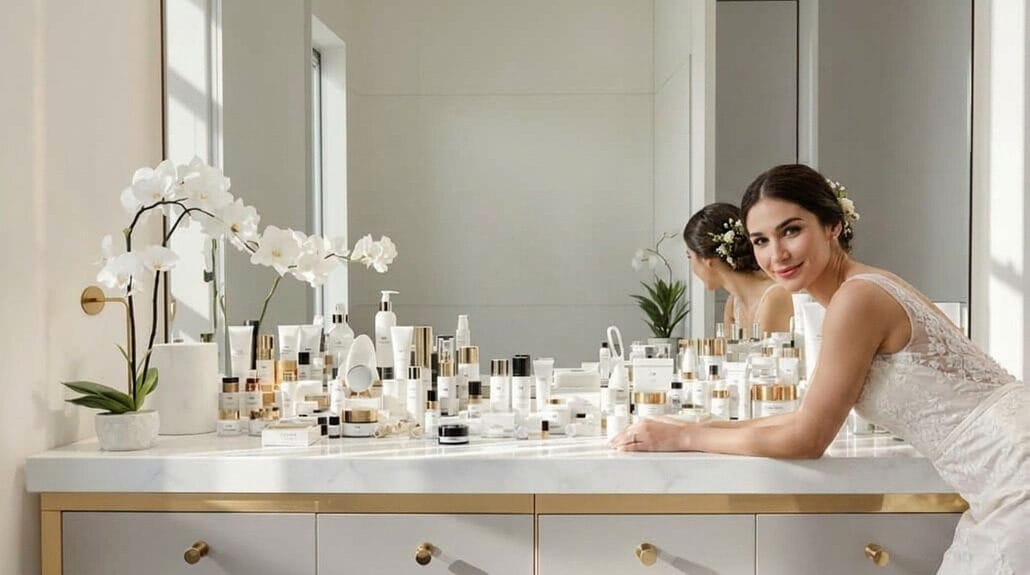 Elegant wedding skincare products displayed on a white counter with a woman in a white robe in the b.