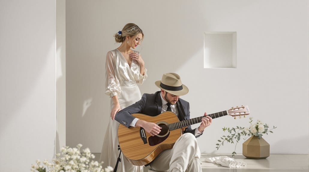 Bride and groom enjoying acoustic guitar at wedding ceremony.