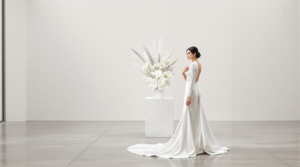 Elegant wedding bride in a white gown with floral bouquet.