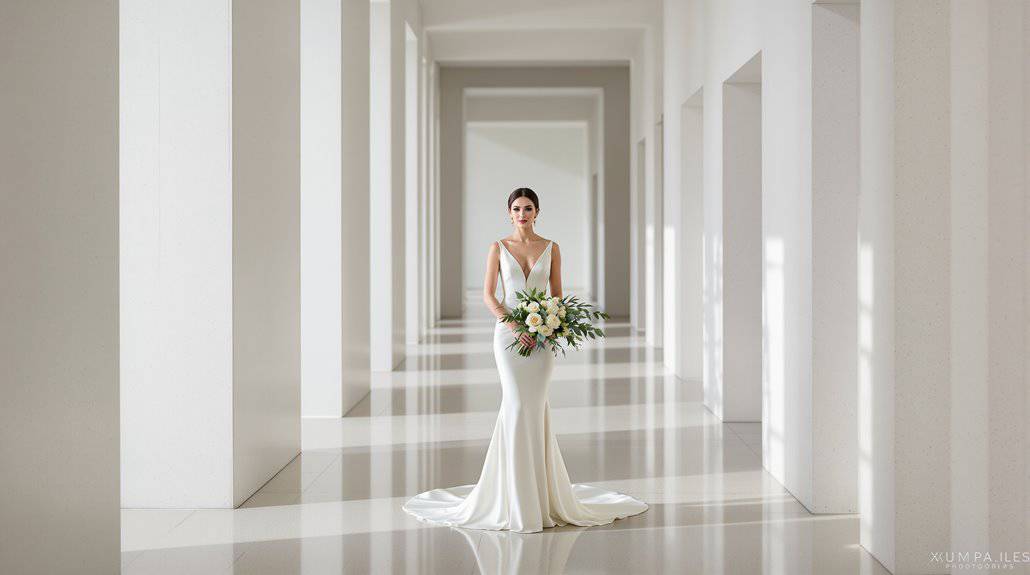 Bride in elegant wedding dress holding a bouquet in a bright, modern hall.