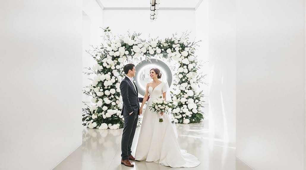 Elegant wedding ceremony with bride and groom standing before a floral backdrop.