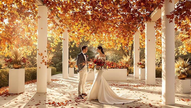 Bride and groom exchanging vows under autumn trees with vibrant fall foliage.