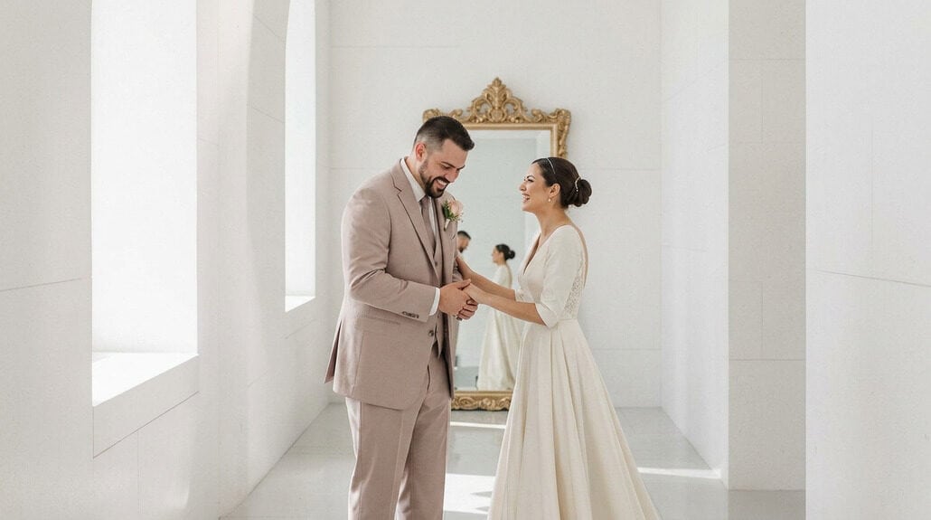 Bride and groom exchanging vows in a minimalist, elegant wedding setting.