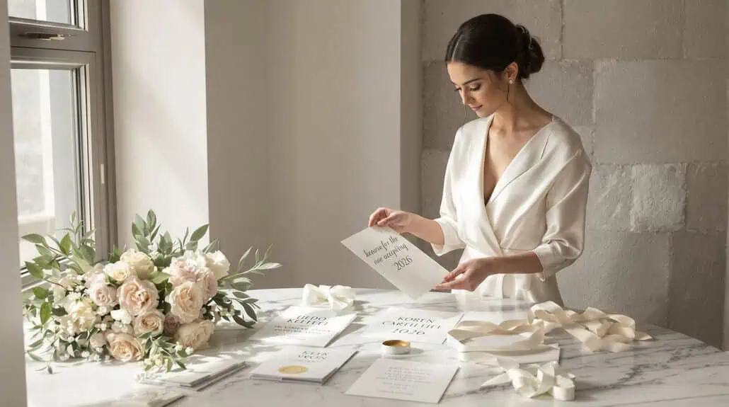 Bride reviewing wedding invitations at a beautifully decorated table.