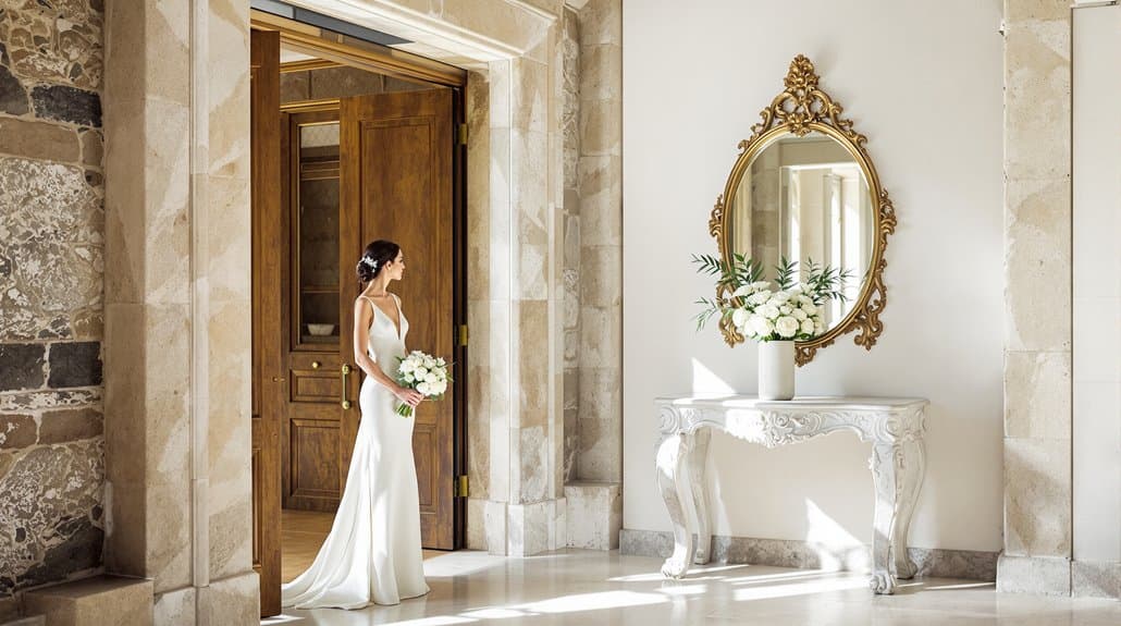 Elegant wedding venue with classic decor and ornate mirror.